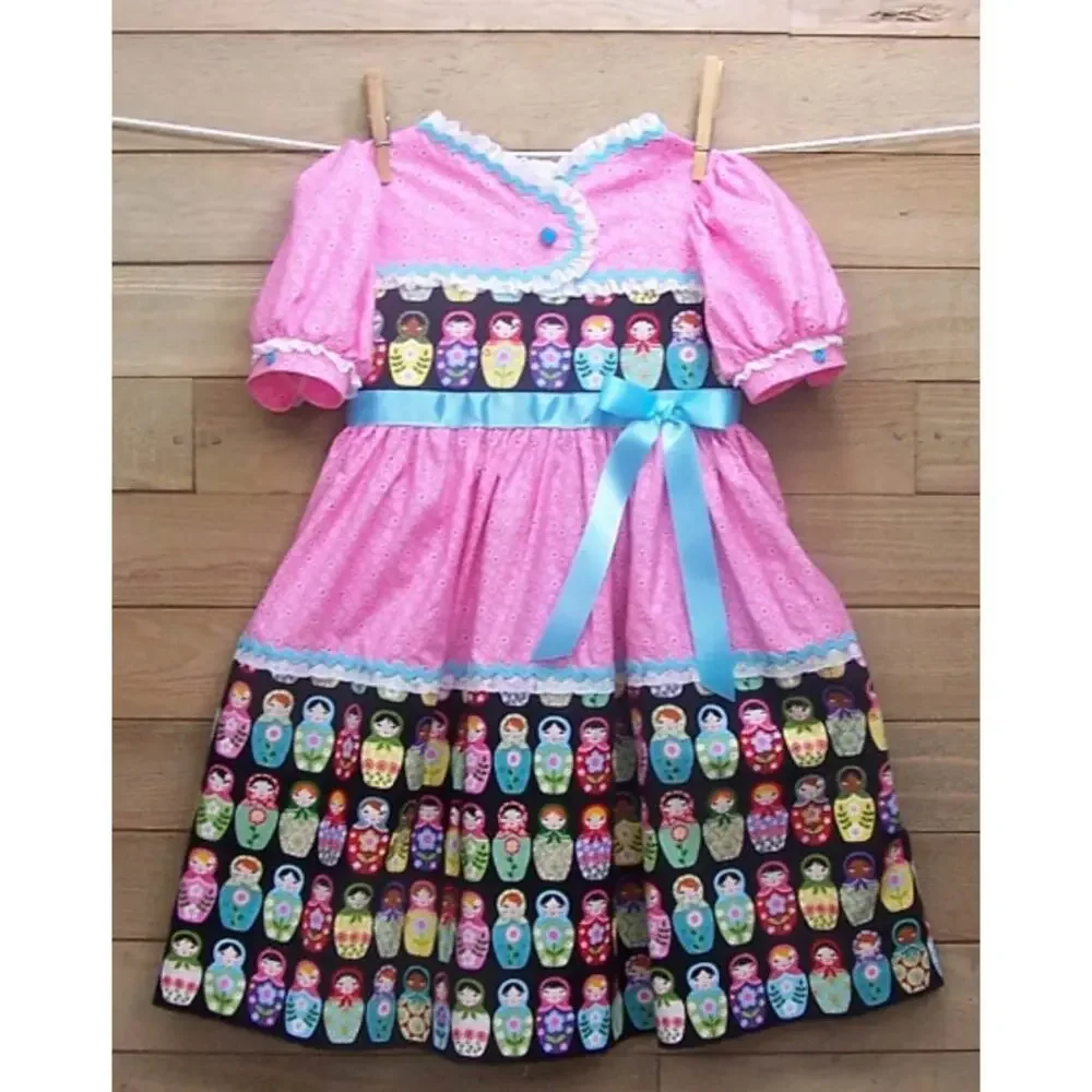 Girls Pink 1950s Style Cotton Dress Babushka Fabric Print Size 5